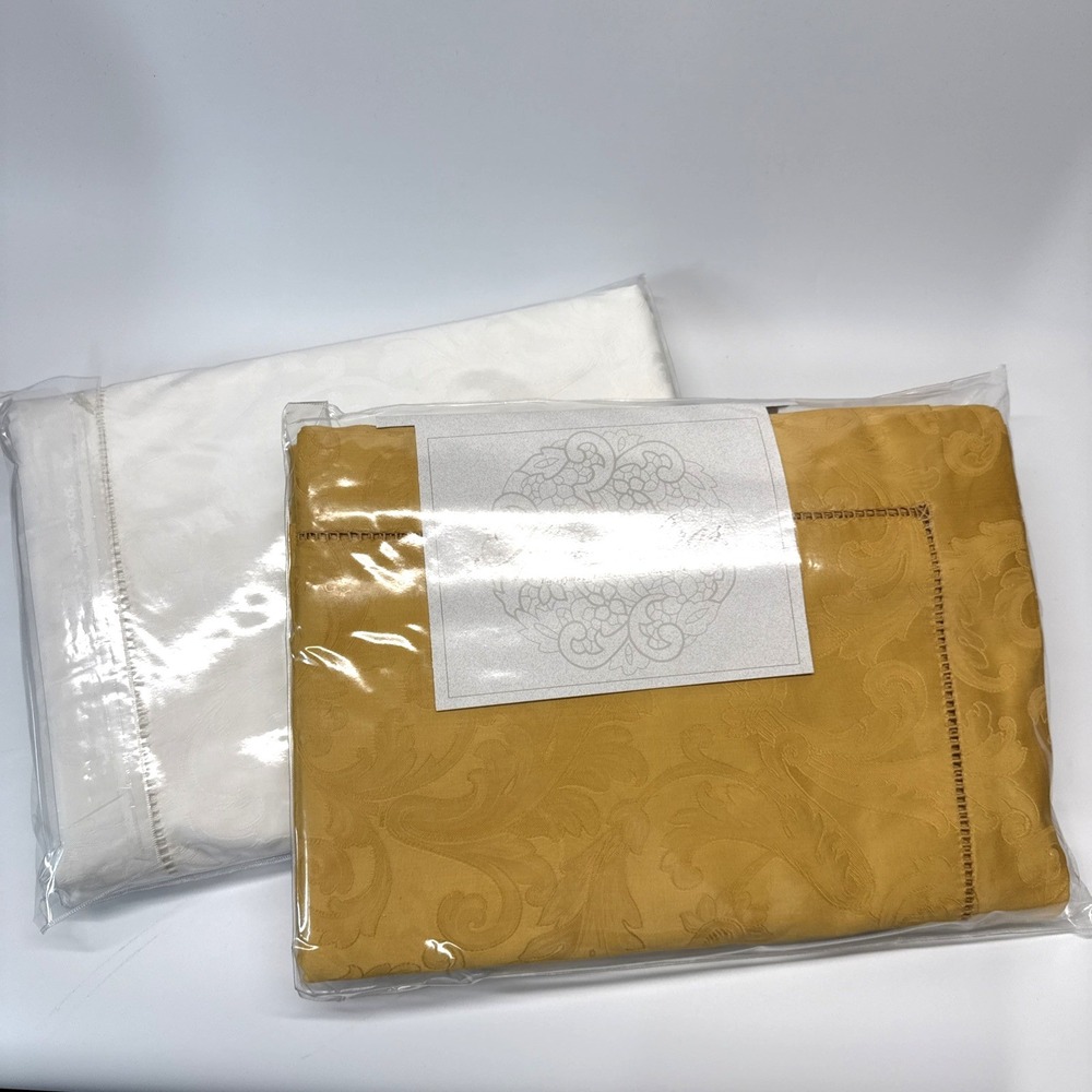 Sferra Acanthus Tablecloths Gold & White Oblong 70" X 162" Luxury Italy Lot of 2